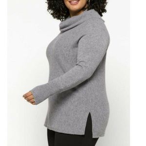 Lusso Cashmere Cowl Neck Pullover Sweater Light Gray Ribbed Cuffs Side Slit-S